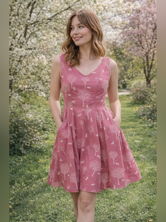 Vintage Dresses & Skirts - Vintage 1950s style Woodland Rabbit Print Dress XS/S | Fit & Flare